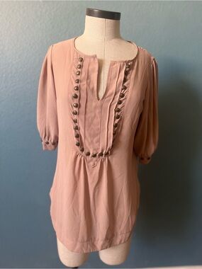 Angie Dusty Rose Military Style Split-Neck Pintuck Tunic with antique rivet Trim